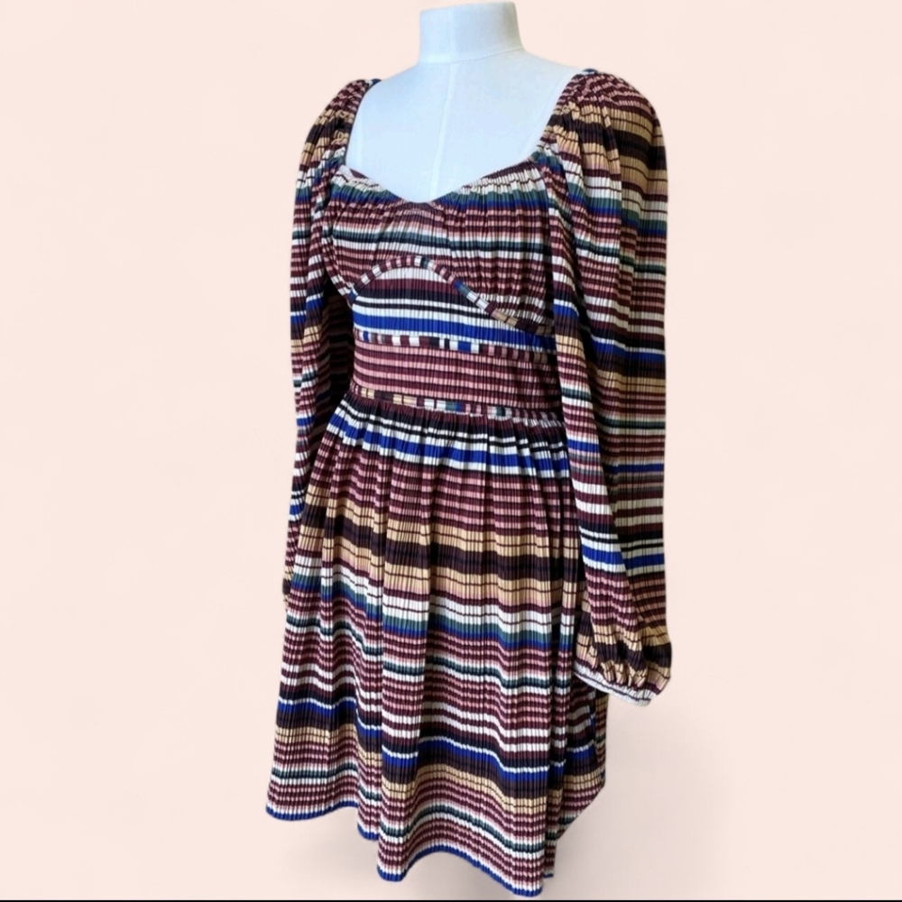 NWT Cato Faux Corset Brown Striped Pleated Mini Dress Balloon Sleeves Size Large